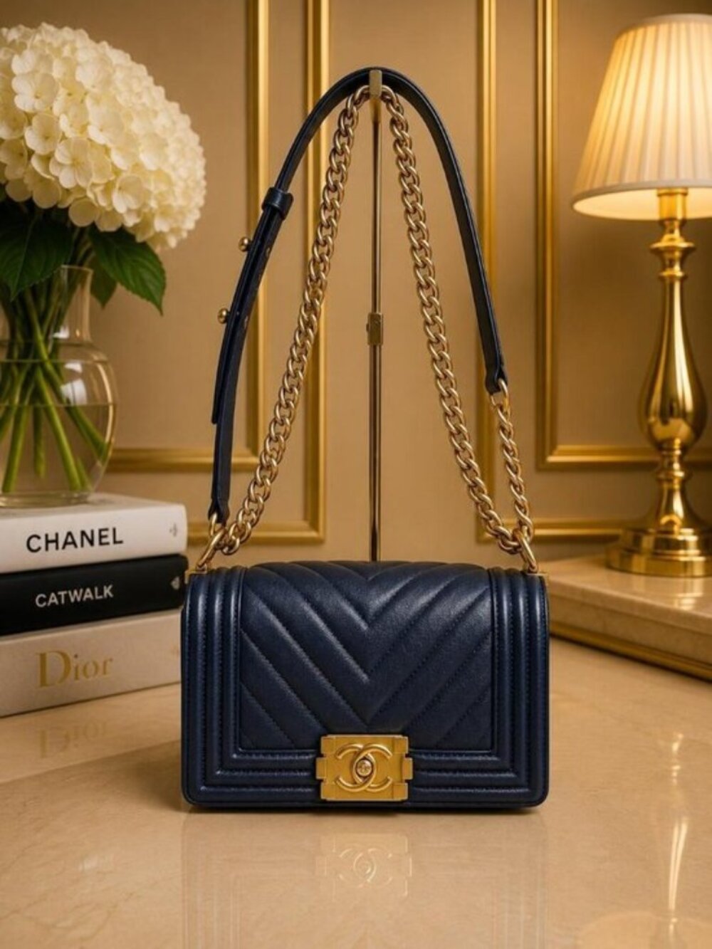 Authentic Chanel Boy Navy Chevron Leather Shoulder Bag